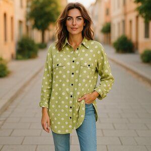 * OXFORD SPORT Oversized Green Polka Dot Button Front Tunic Blouse Ladies Medium